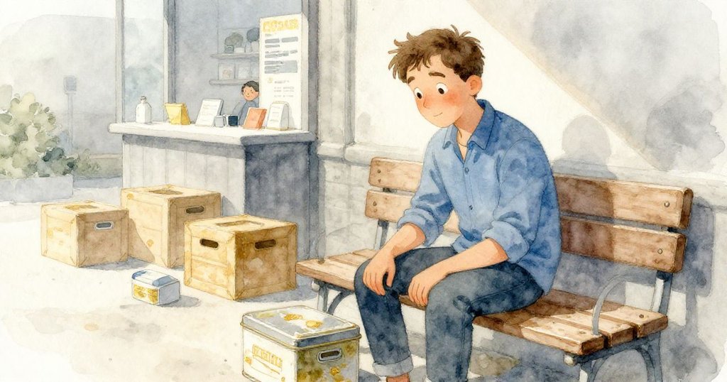 Drake 坐在木凳上重新檢視錫盒，背景出現移動貨箱和陰天柔光，神情沉思而細膩