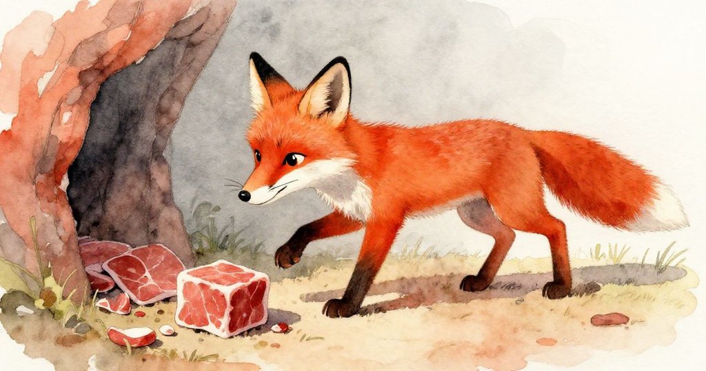 狐狸從陰影中探出頭來輕觸掉落肉塊，畫面中Drake隱約出現，情感溫柔充滿好奇與輕快