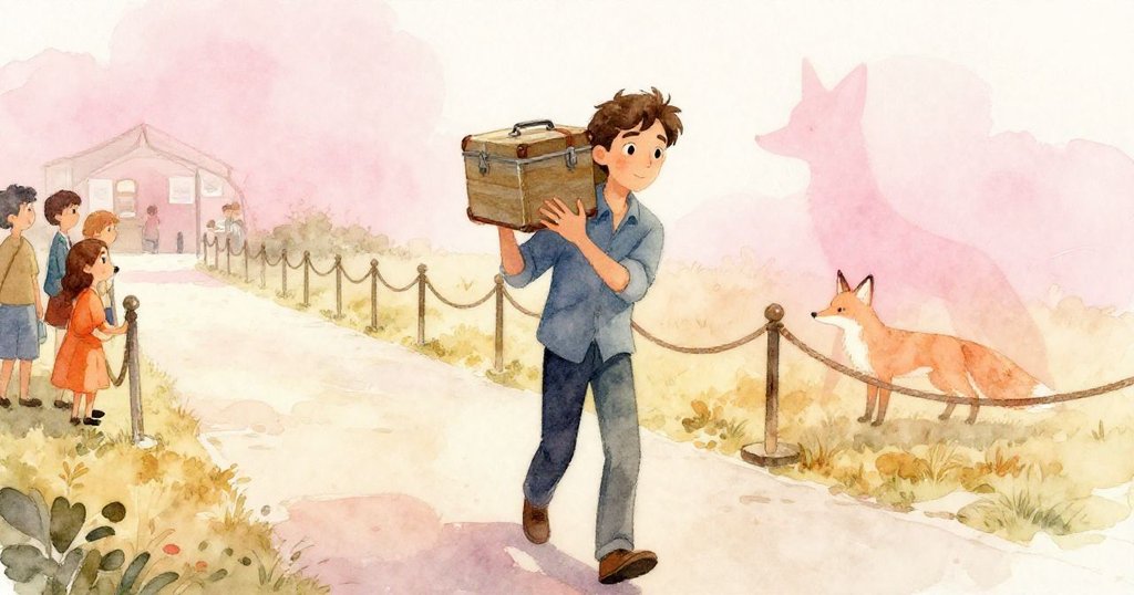 Drake 帶著閉合錫盒走向工作區繩索處，背景中狐狸緩緩隱退，畫面溫暖安詳且寧靜有序