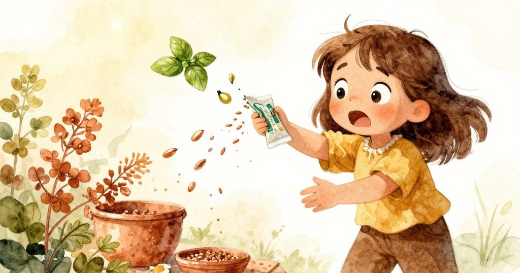 Xara 驚慌中伸手搶救從破包散落的香料種子,一粒羅勒種子飛出場景,動感彰顯午光銳利。