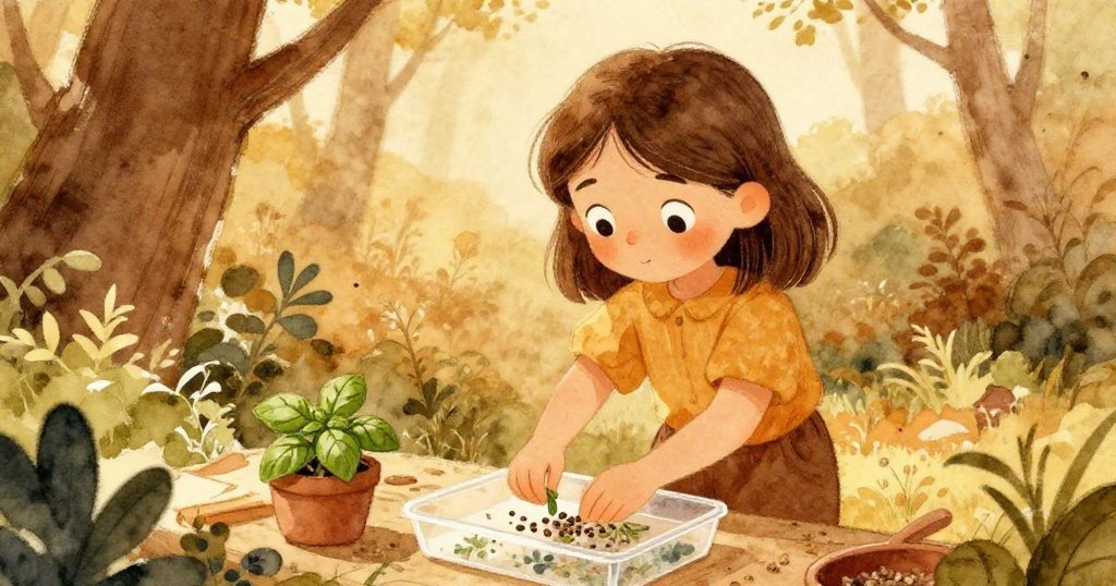 Xara 收拾整理完香草後,將唯一羅勒種子小心置於透明盒內,神情平靜,柔和光線帶來一天結束的溫馨感。