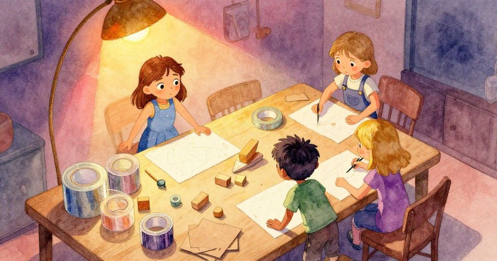 鳥瞰視角中，Nell、Alden、Greta在工作台前忙碌，周圍散落著木塊、紙板和膠帶，整個場景溫暖而充滿期待。