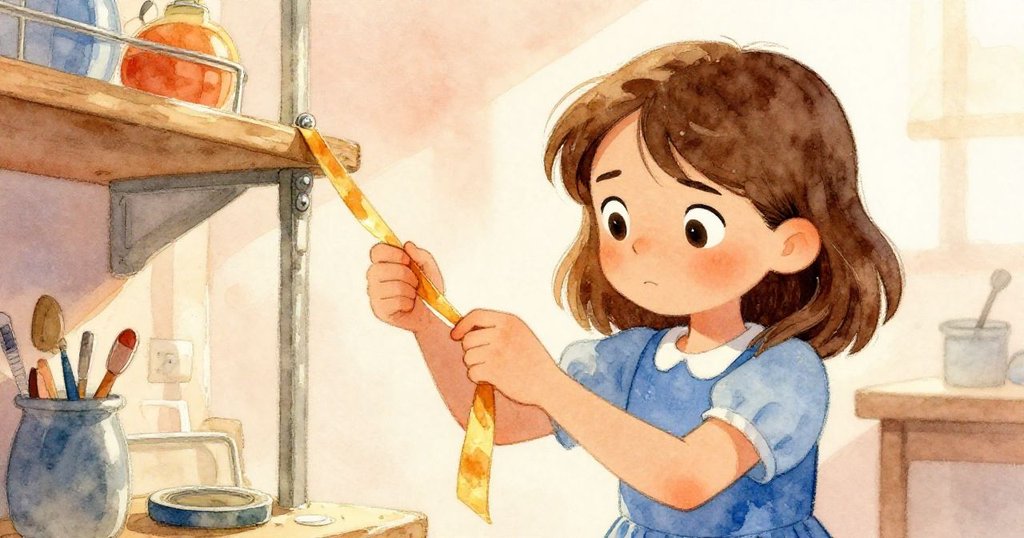 Nell專注地從空卷中撕下一條琥珀色膠帶，神情堅定在調整發射架，背景溫暖柔和，展現努力與期待。