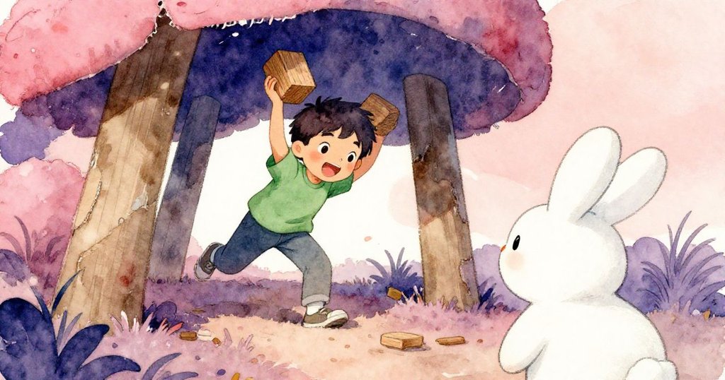 從毛絨兔視角觀察，Alden忙著取木塊，周圍紙板質感豐富，兔子好奇注視，場景充滿活力與溫暖。