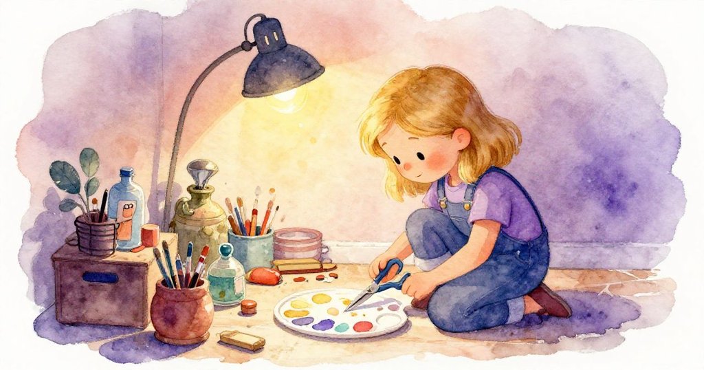 Greta蹲在隱蔽角落裡，用閃爍剪刀小心剪裁新膠帶，燈光溫暖照亮紙板與捲軸，充滿創意與專注。