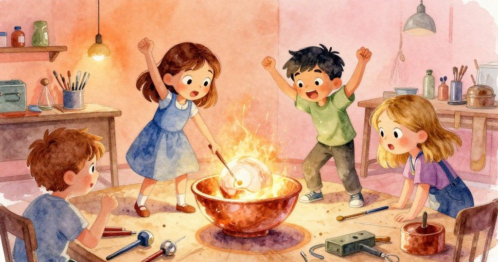 Nell、Alden與Greta高興慶祝，銅光彈珠成功入碗，團隊齊聚共享勝利，場景溫暖明亮，充滿歡欣與歷程。