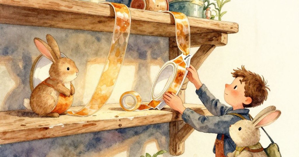 在夕陽餘暉中，空膠帶卷與透明紙心緩緩移向地毯，呈現出材料告罄與冒險延續的淡淡哀愁與希望。