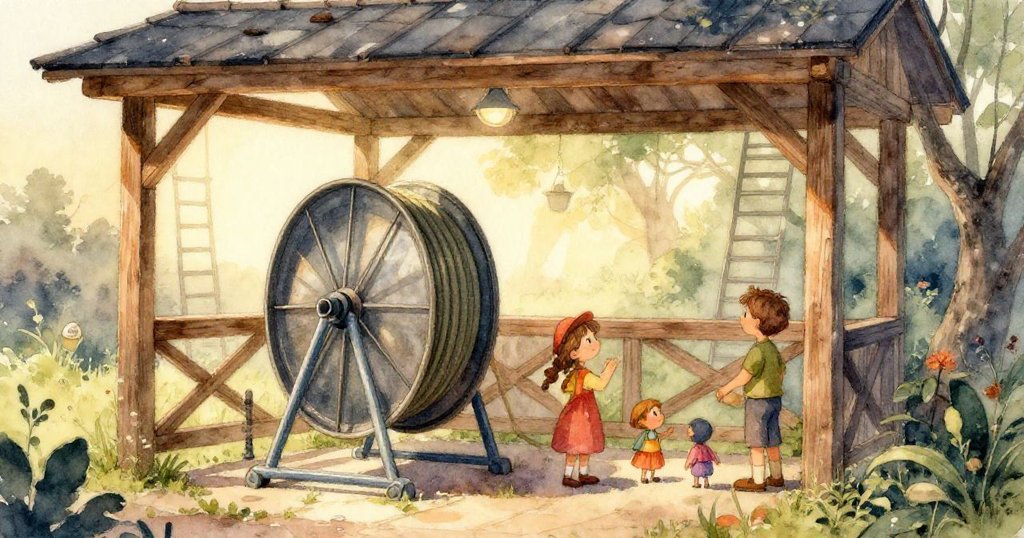 Tobias的手輕握水管卷盤，展現出金屬的細節與露珠光澤，細膩捕捉庭園角落的靜謐氛圍。