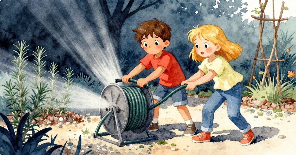 Tobias與Vivian齊心協力搖晃水管卷盤，專注努力中展露決心，庭園中光影交錯映出緊張氣氛。