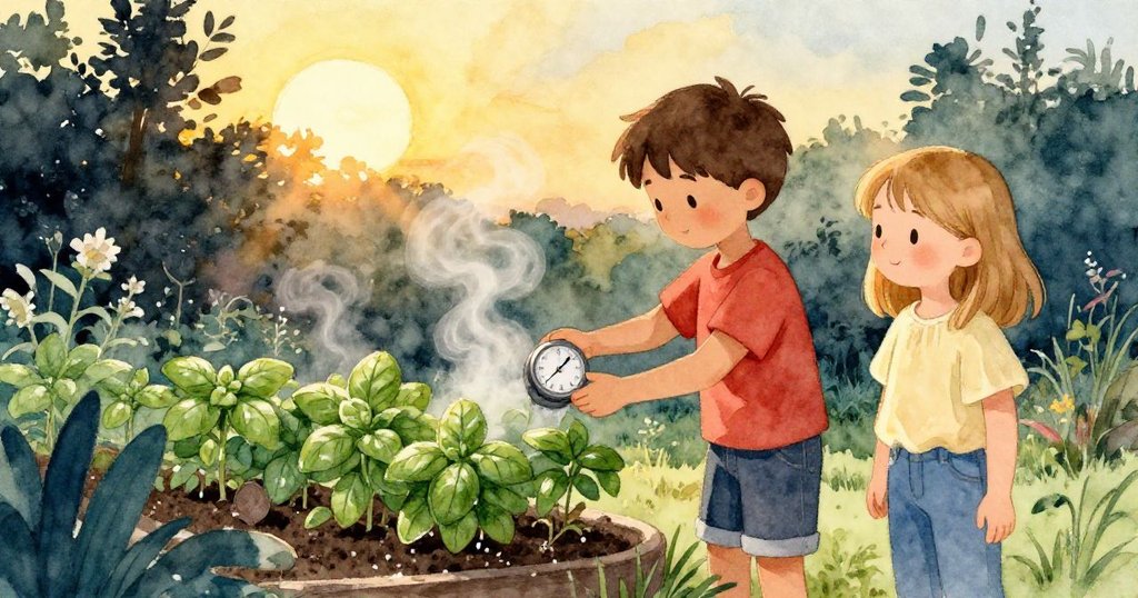 夕陽下Tobias調整計時器，Vivian靜觀庭園中蒸氣升騰，溫暖光影中流露出滿足與平和。