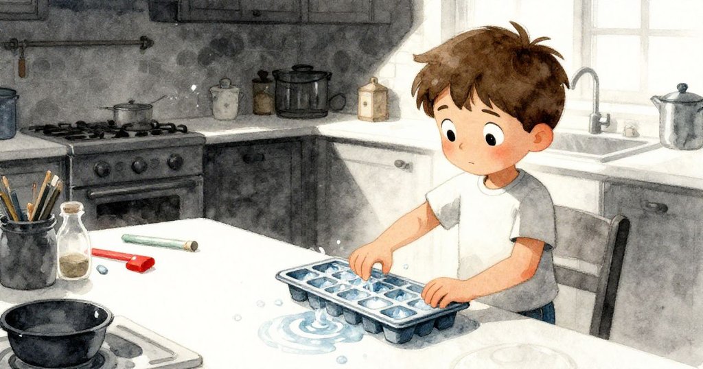 Joel在溫暖廚房中輕敲冰格，黃光閃爍映出初始創意，場景透露手工製作氛圍與期待情緒