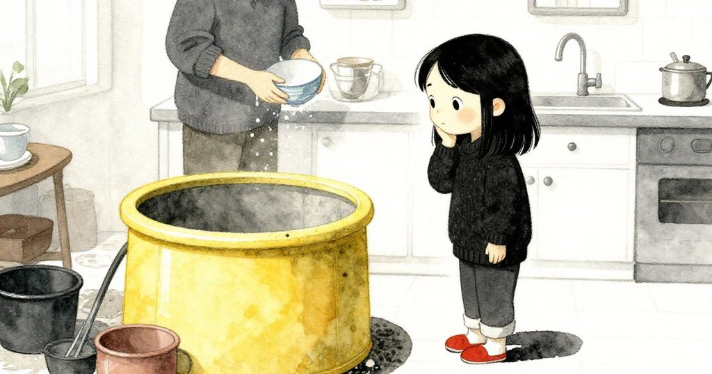 Vesper在廚房中注視幾乎空的黃色調色盤，背景中有成人洗碗，展現出她對創作材料缺乏的擔心情緒