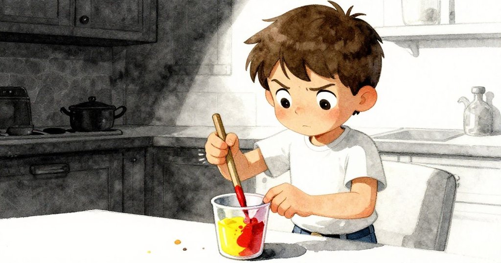 從低角度看，Joel專注地將最後的黃色倒入杯中混合紅色，臉上流露出堅定與創新解決難題的決心