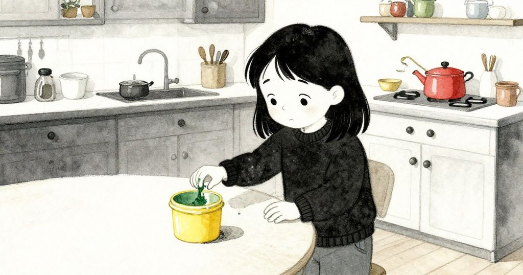 Vesper在廚房新角落伸手取綠色顏料，見證空黃色盤缺失，神情中流露出失落與期望的矛盾情緒