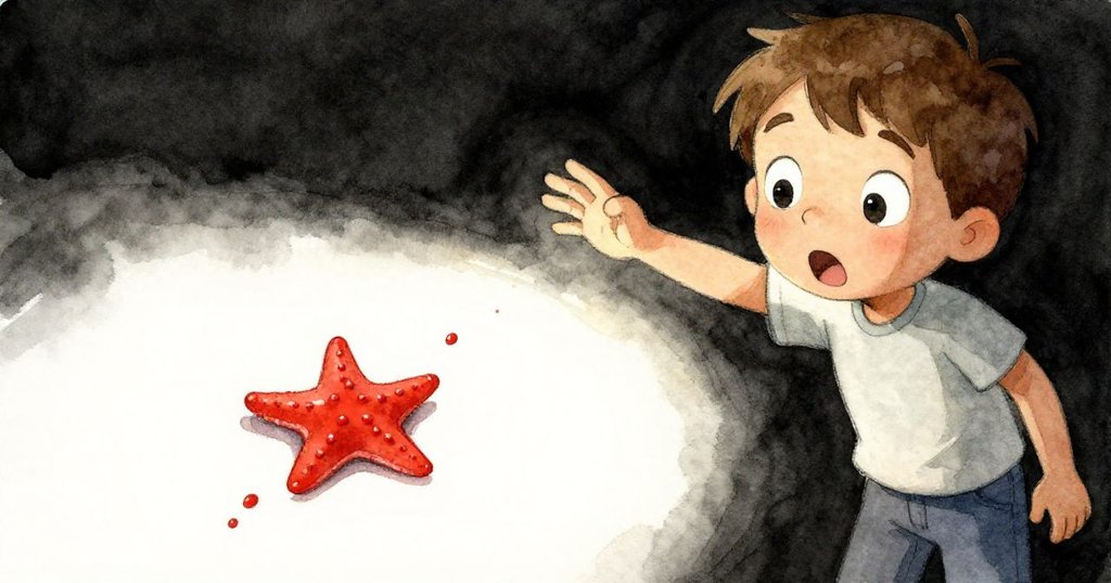 在瞬間，Joel舉起畫筆時一滴紅色顏料濺落在報紙上，如同小海星般綻放，定格了意外之美