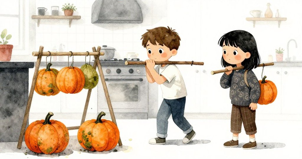 Joel與Vesper在廚房中小心搬運畫有調色棒的手工藝術品，乾燥架背景映現出不完美卻充滿意義的成果