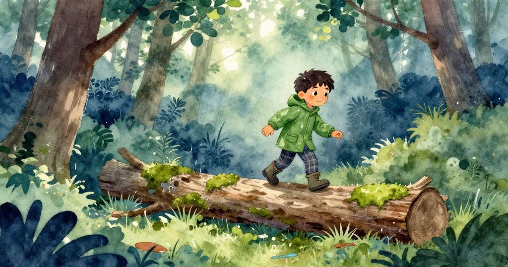 在濕潤森林中，Xander穿著綠色雨衣走向覆苔倒木，雨水點綴樹林，展開充滿好奇與期待的冒險之旅。