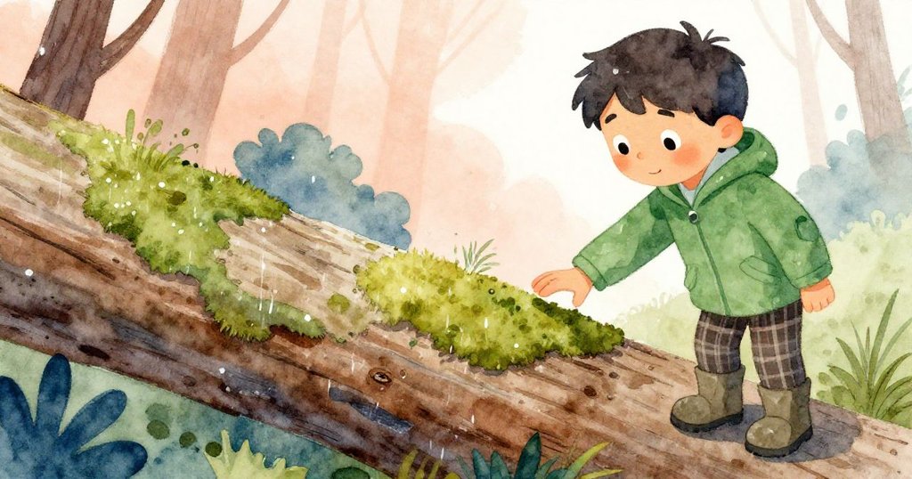 Xander專注觸摸濕潤苔蘚倒木，雨滴細膩跳動映出節奏，畫面呈現自然紋理與靜謐氛圍。