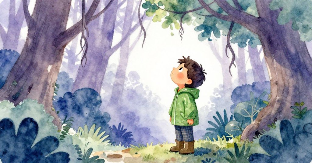 Xander在樹根樹藤間俯身聆聽，仰望天空驚奇滿臉，展現森林中光影交錯與靜謐奧秘。