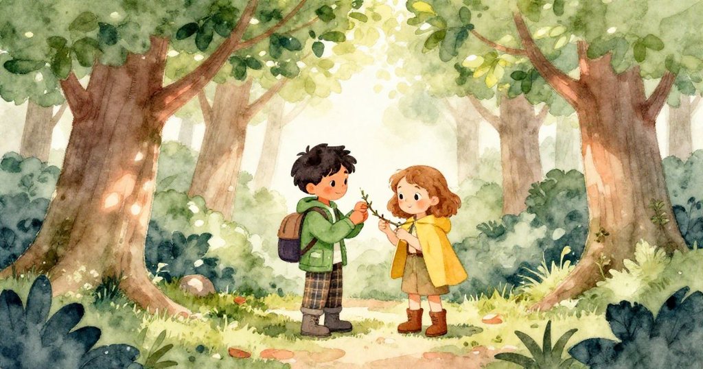 在樹蔭下的小角落，Xander與Pia協作修理背帶，微光灑落間流露出專注與互助的溫暖情懷。