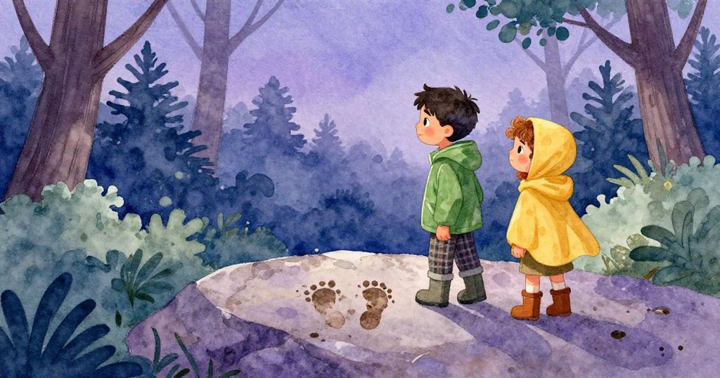 在靜謐森林清角，Xander與Pia離去前留下清晰泥足印，暮光映襯下呼應著他們的冒險與心中喜悅。