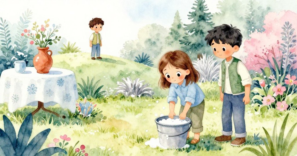 在陽光明媚的花園裡，Gwen彎腰在桶邊忙著，手上沾有肥皂滴；Keane站在遠處的草坡上靜靜觀察，表情專注。