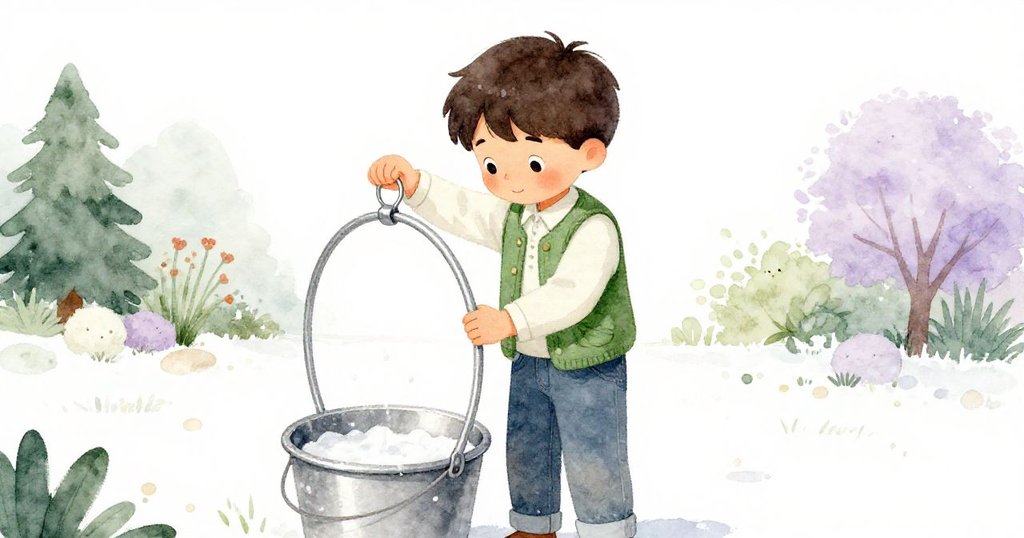 Keane專注地將金屬圈輕輕放入肥皂水中，四周空白凸顯他的動作與緊張氣氛，他的表情認真而平靜。