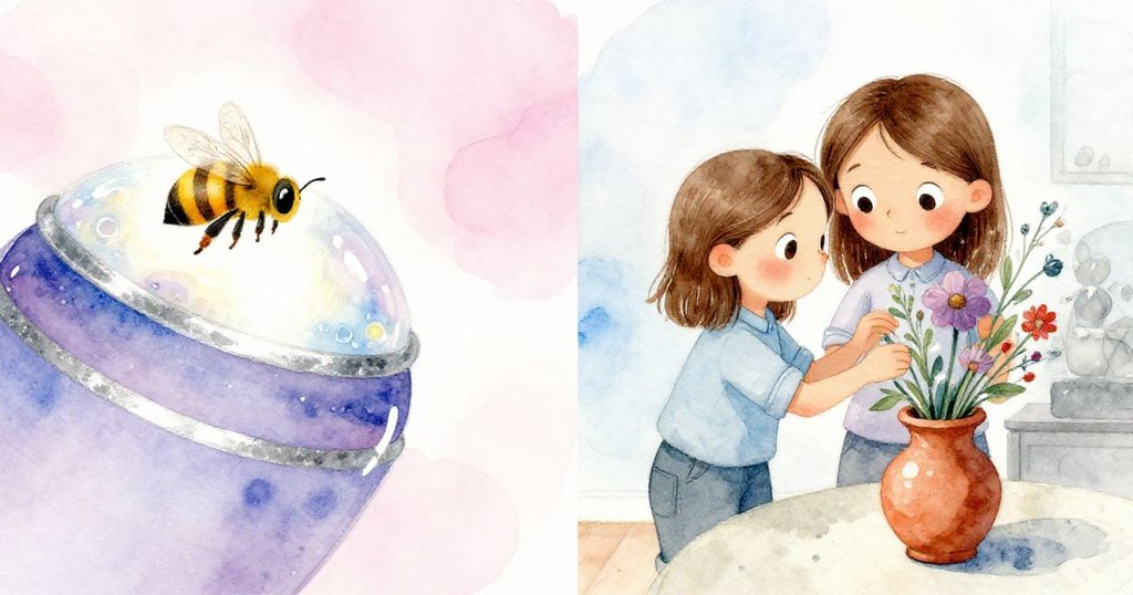 左側畫面中，一隻蜜蜂輕巧地停在閃亮的肥皂薄膜上，右側Gwen輕柔地整理著花瓶中的花朵，兩邊動作充滿奇幻與溫柔連結。