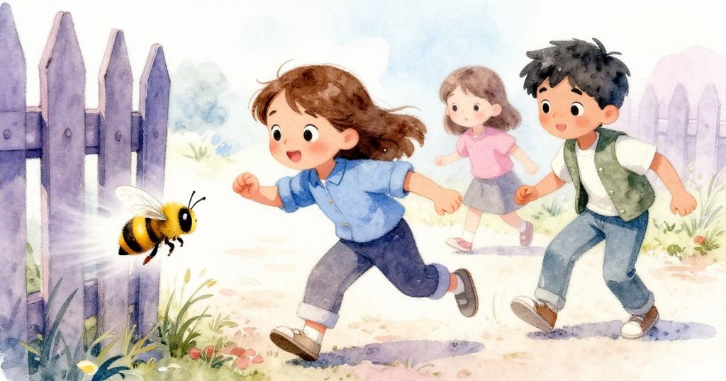 蜜蜂迅速穿過破舊籬笆的縫隙，動態模糊傳遞出急促感，Gwen與Keane同時追隨，背景庭園色彩清新明亮，充滿動態韻味。