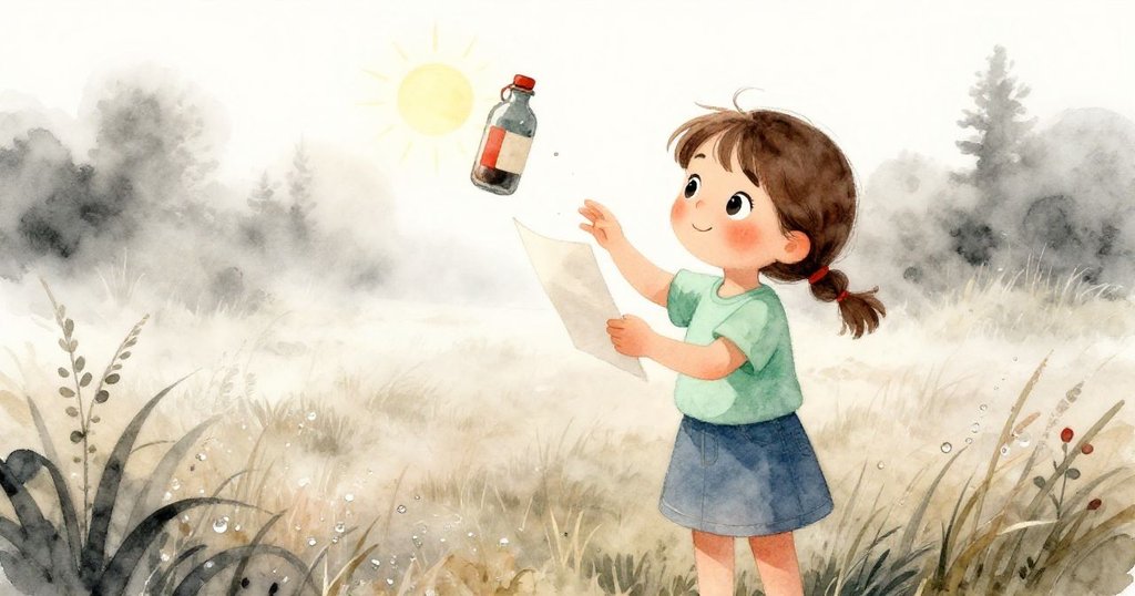 Colette在晨霧中於綠草地上輕觸懸掛的油漆瓶，表情專注而溫柔，開始她的創作旅程，四周薄霧環繞。