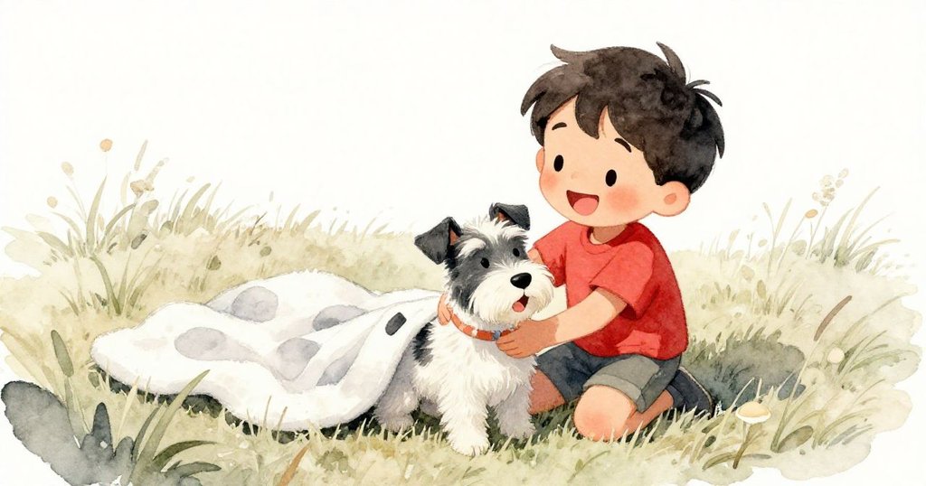 從高處俯瞰，Wade溫柔抱持著小狗，毯子隨風輕舞，展示精彩童趣探險情景與豐富草地質感。