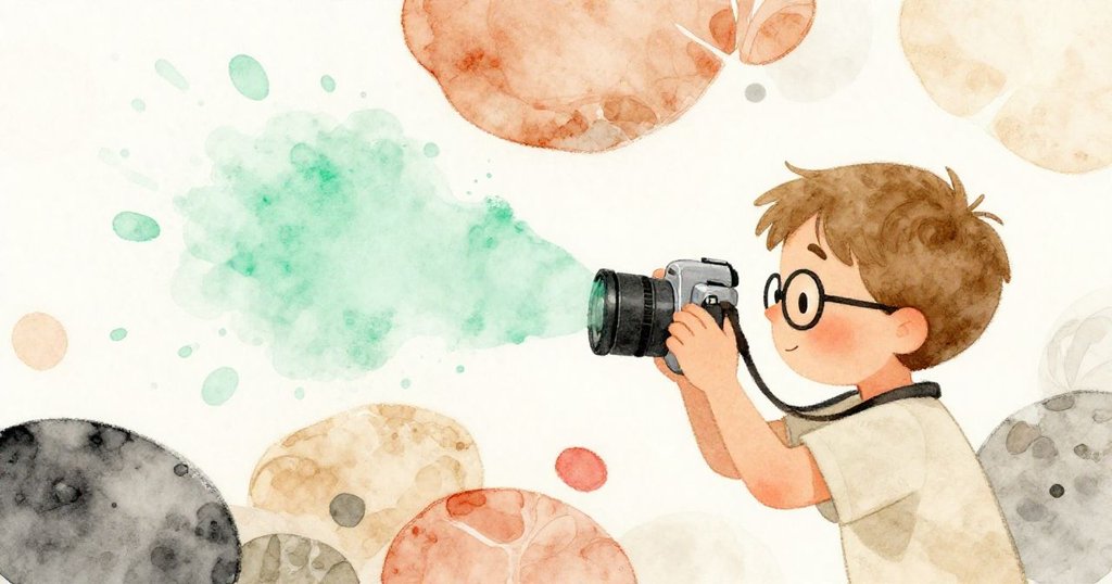 Boris手持相機捕捉綠色油漆噴發瞬間，背景中金黃石塊與柔和光影營造出溫暖季節感，神情專注。