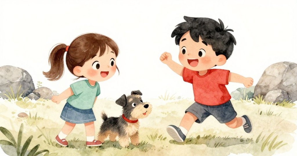 Colette與Wade面帶笑容互動觀察變化中的畫作，小狗探索石頭，場景充滿快樂童趣與明亮自然光影。