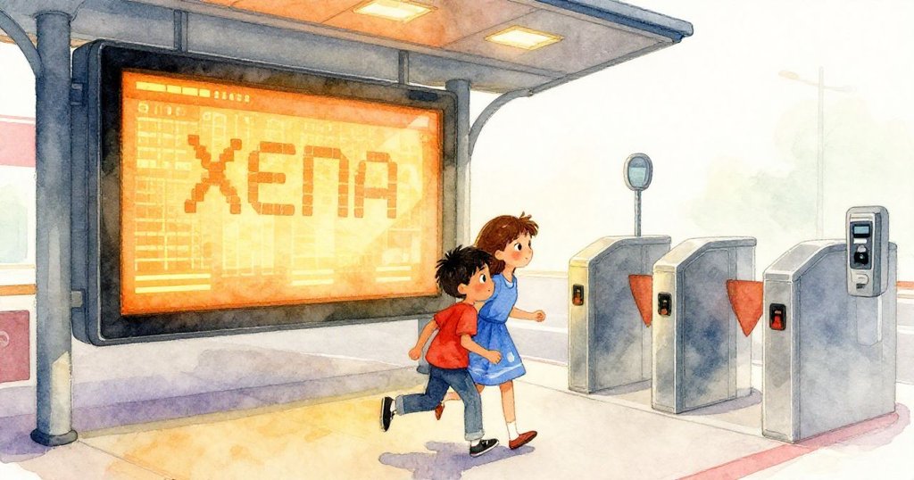 Xena 與 Hector 在車站前急行，閃爍的時刻表和旋轉門呈現都市現代感，角度傾斜表現出急迫情緒。