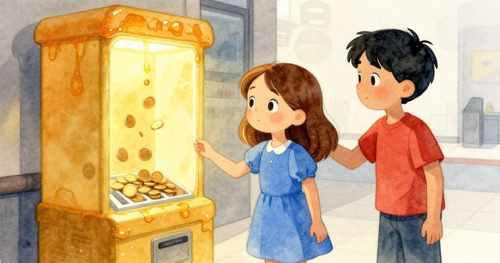 Xena 在自動充值機前專注操作，硬幣落入投幣口並準備按下確認鍵，Hector 近旁關切注視，展現都市現代氛圍。