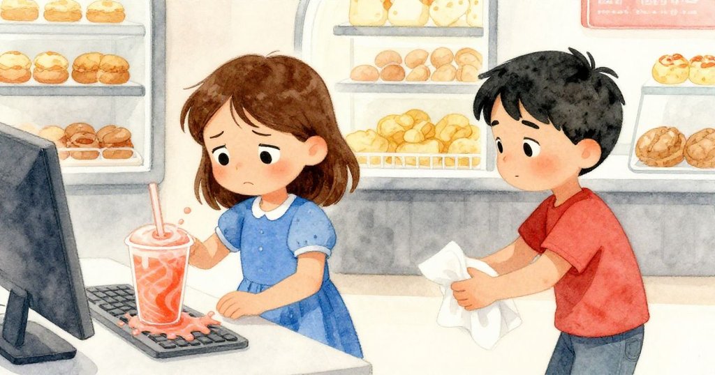 Xena 與 Hector 在充值機前面對飲料灑落的意外情形，實際和幻想交織呈現都市瞬間混亂與內心糾結。