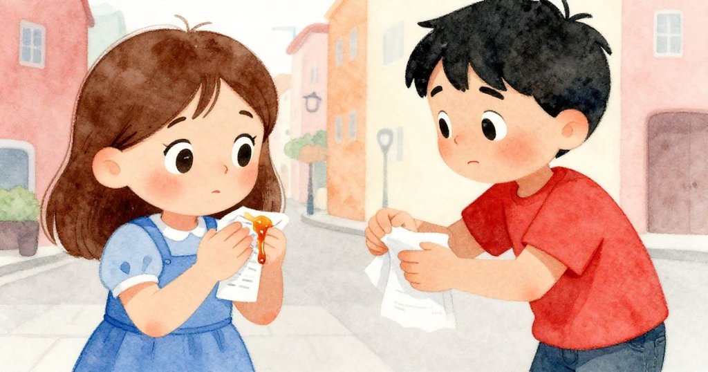 Xena 鬱悶又堅定地用收據擦拭黏膩糖漿，Hector 揮動紙巾協助，特寫表現都市意外後的內心掙扎。