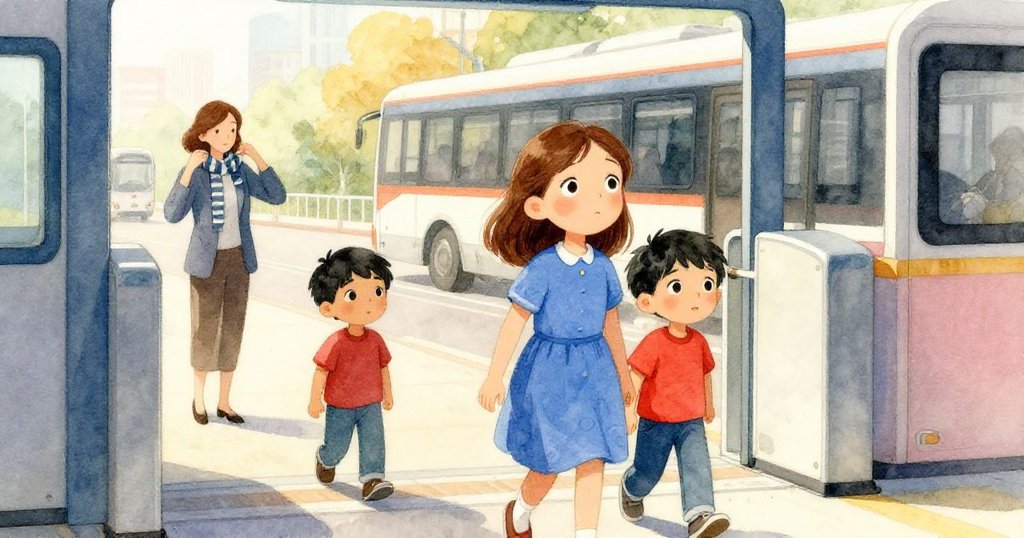 Xena 與 Hector 穿過開啟的闸門邁向新旅程，遠處 Delia 穿著條紋圍巾守候，車站背景展現希望與現代都市氛圍。