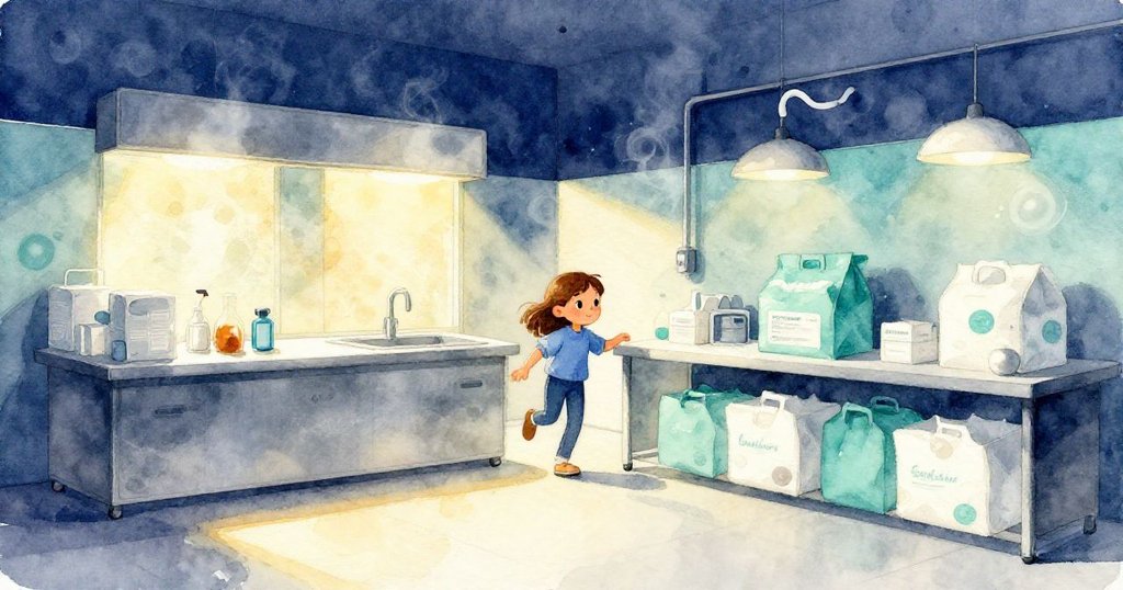 Sara進入明亮包裝區，金色燈光灑在不銹鋼檯面上，背景中蒸氣環微妙呈現，營造溫馨氛圍。