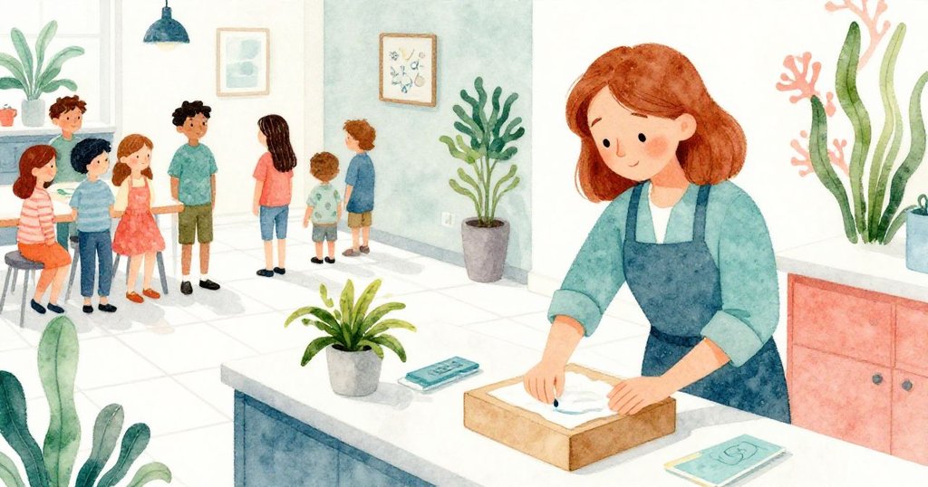 Hazel專心整理盒子，顧客在光滑磁磚上等候，背景融入海藍與珊瑚色調，展現忙碌而溫暖的氛圍。