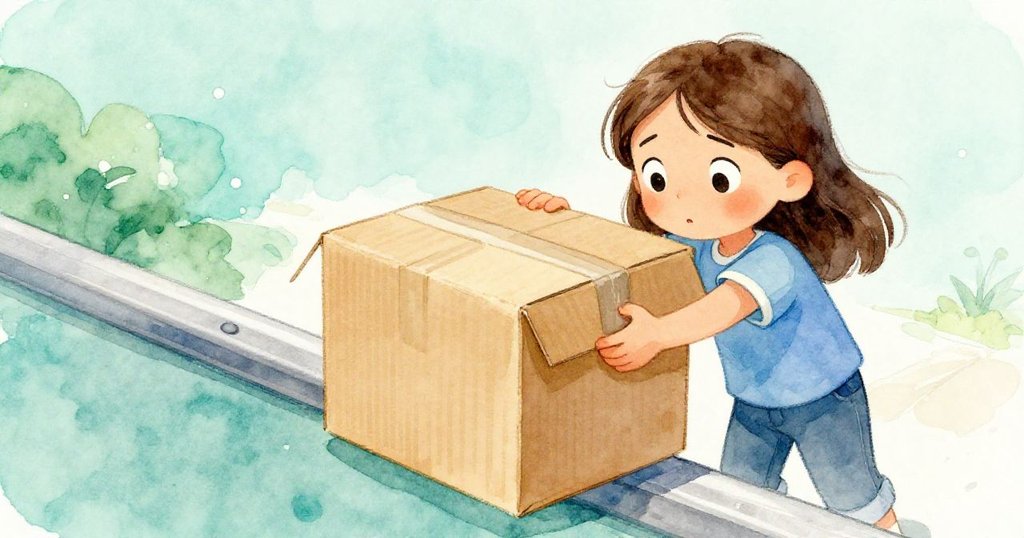 Sara從背後視角專注調整盒子，溫暖紙板與冰冷金屬形成鮮明對比，細膩呈現手部動作與質感。