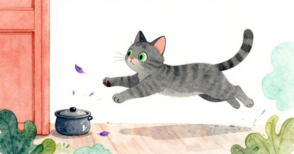 Lily跳躍追逐紫色花瓣，花盆旁櫃檯背景生動展現忙碌生活，動感與溫馨並存。