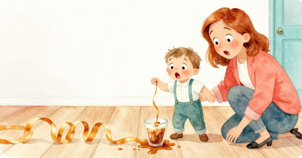 小孩驚慌躲避流動絲帶，紙杯溢出焦糖拿鐵，Hazel驚訝失措，場景細膩呈現混亂瞬間。