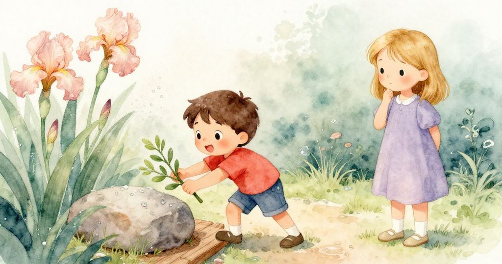 瑞夫在涼爽花園中用長枝撐住木板，維奧拉好奇觀看，背景有大人灑水，晨露點綴充滿希望與活力。