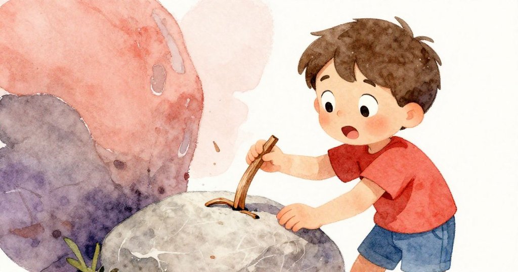 瑞夫仔細觀察斷裂木板上的銳細楔塊，充滿驚喜與決心，石頭旁溫柔光影輕映出奇妙契機。