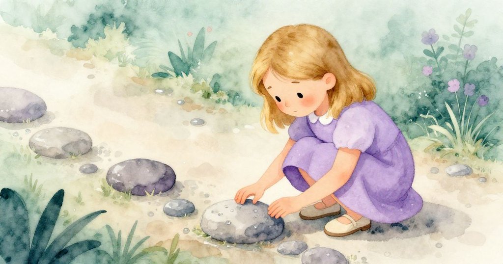 維奧拉趴在濕滑石徑上，小心觸摸光滑石面，高處俯瞰展現出沉靜與好奇的心情。