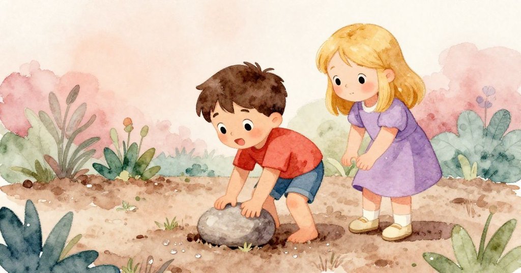 瑞夫與維奧拉在花園中合作調整平滑石塊，陽光柔和灑落，臉上洋溢著專注與喜悅。