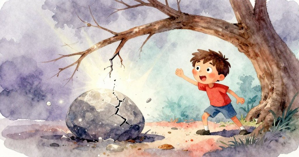 瑞夫緊盯著彎曲裂斷的樹枝瞬間發力，石頭微顫，光影交錯中流露出緊張與決心。