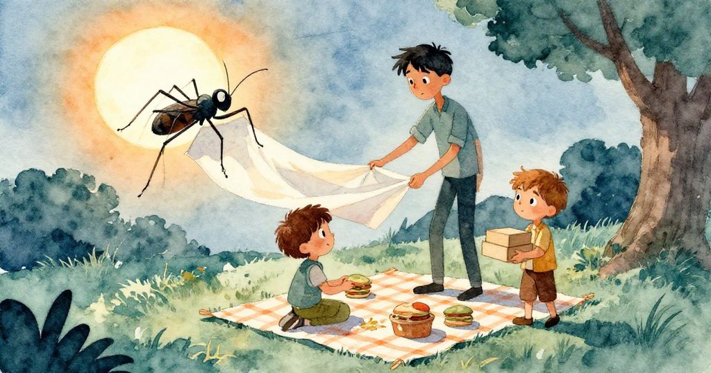 Griffon與Kay在風中調整野餐布,邊緣有一隻昆蟲緊抓布角,場景充滿動感與戲劇性光影。