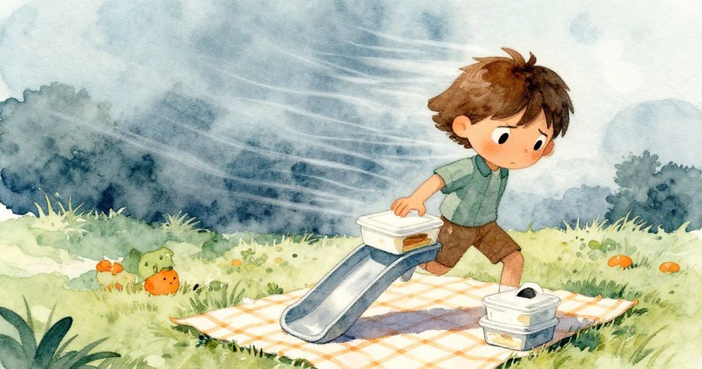 Kay小心平衡滑動的三明治盒,空白背景凸顯強風動力,神情專注。